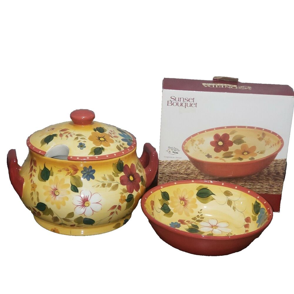 2 Set New Oneida Sunset Bouquet Soup Tureen 3.75 qts & Vegetable Serving Bowl
